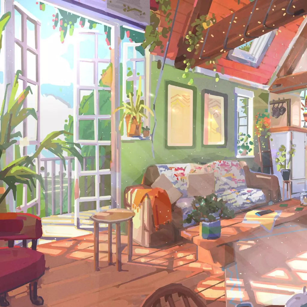 A digital painting of a sunlit room with a lot of plants - Cozy