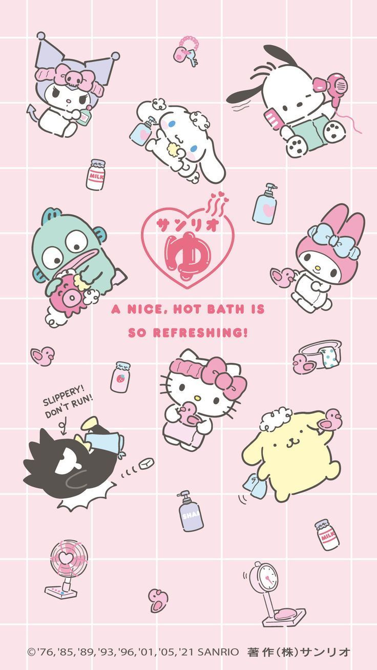 Aesthetic wallpaper phone background Sanrio characters pink grid background - Sanrio