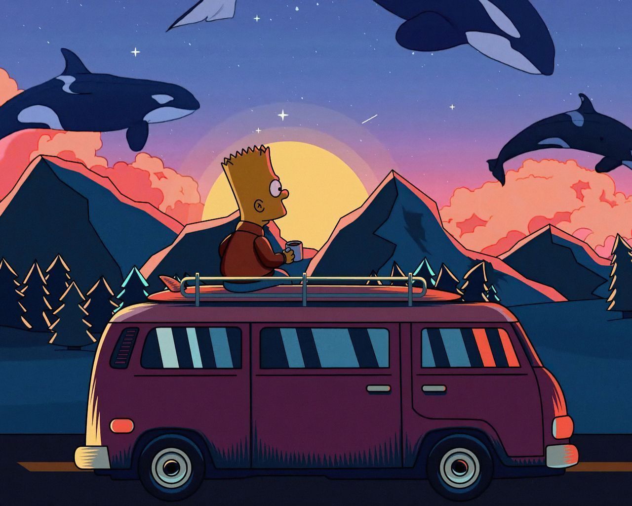 A digital artwork of Bart Simpson sitting on top of a van, watching orcas and a sunset - Bart Simpson