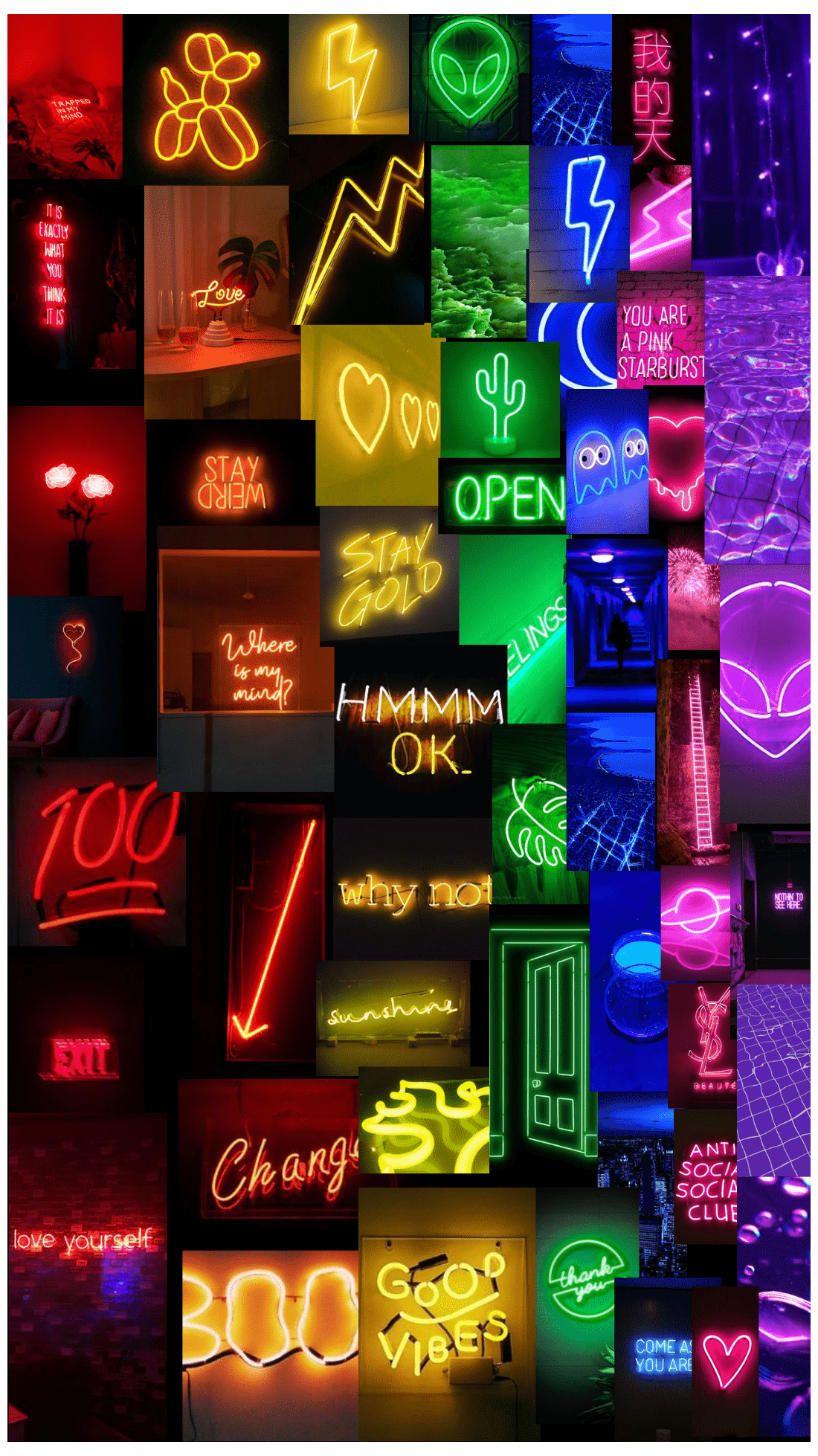 A collage of neon signs with different words - Neon, rainbows, colorful