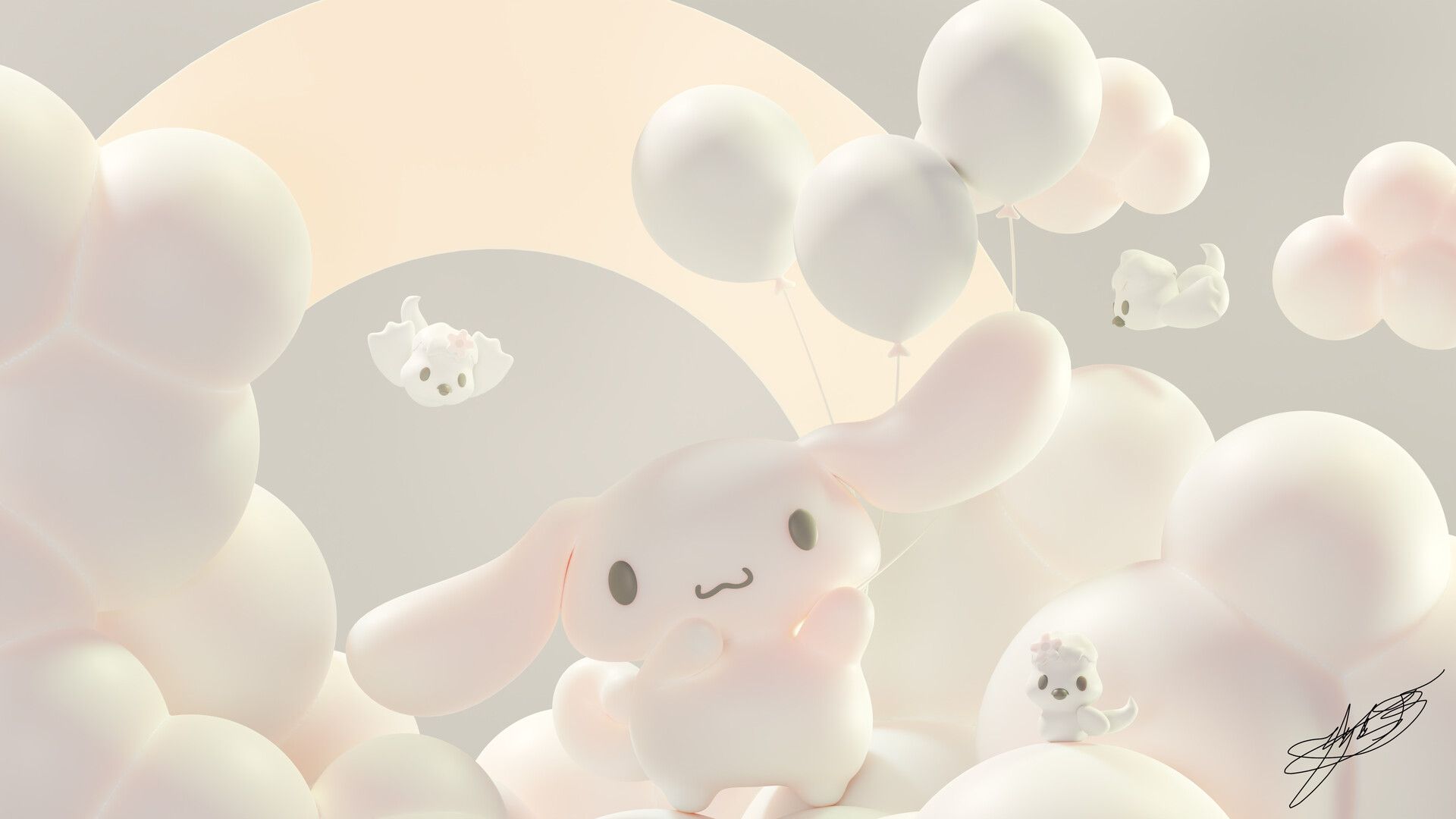 3D wallpaper of a white bunny with balloons - Cinnamoroll