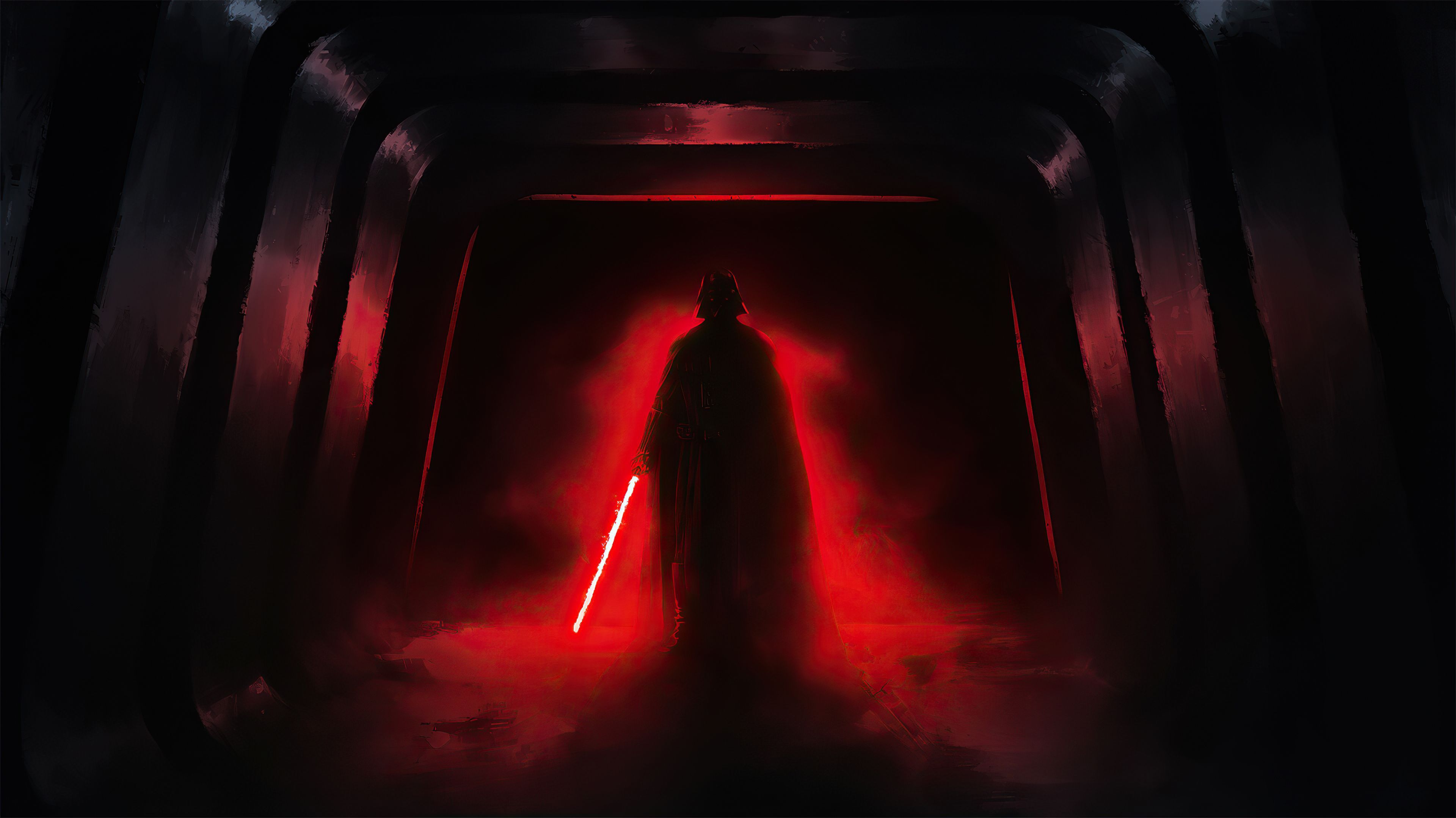 A dark hallway with a red light saber - Darth Vader