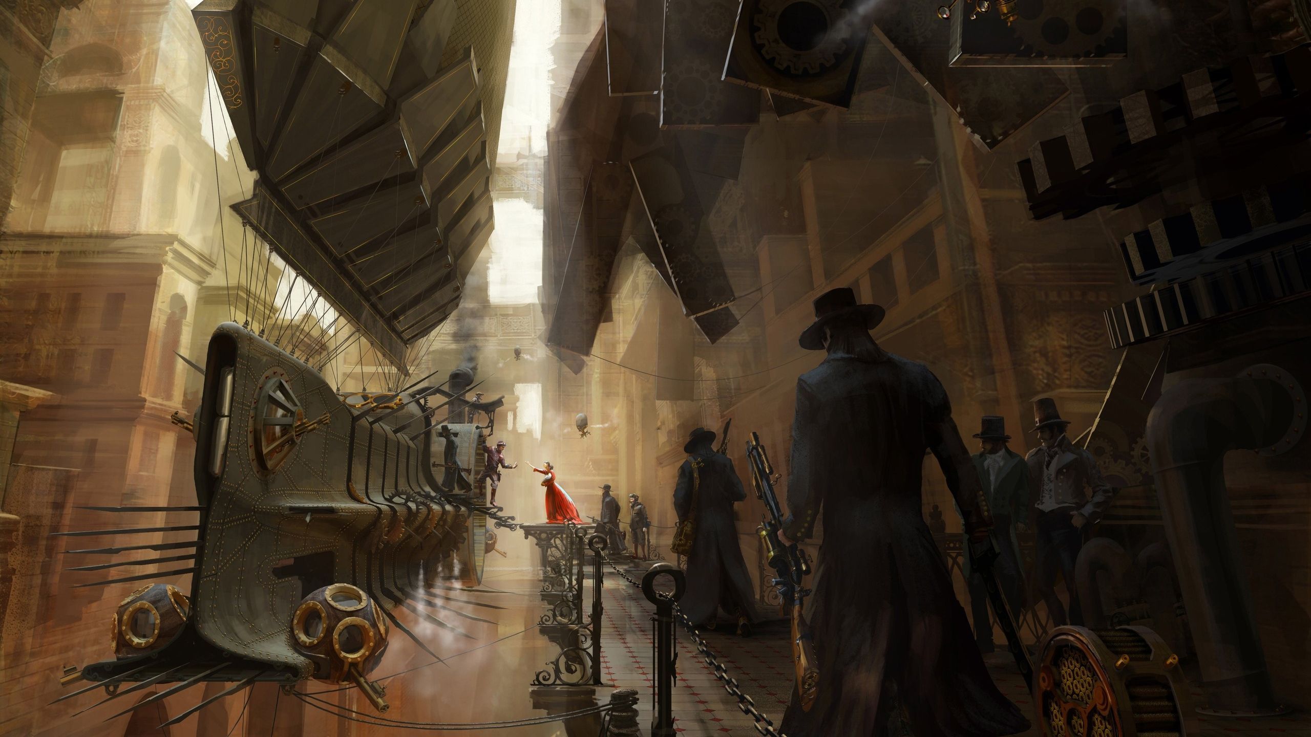 A group of people walk down a narrow street in a steam punk city. - Steampunk