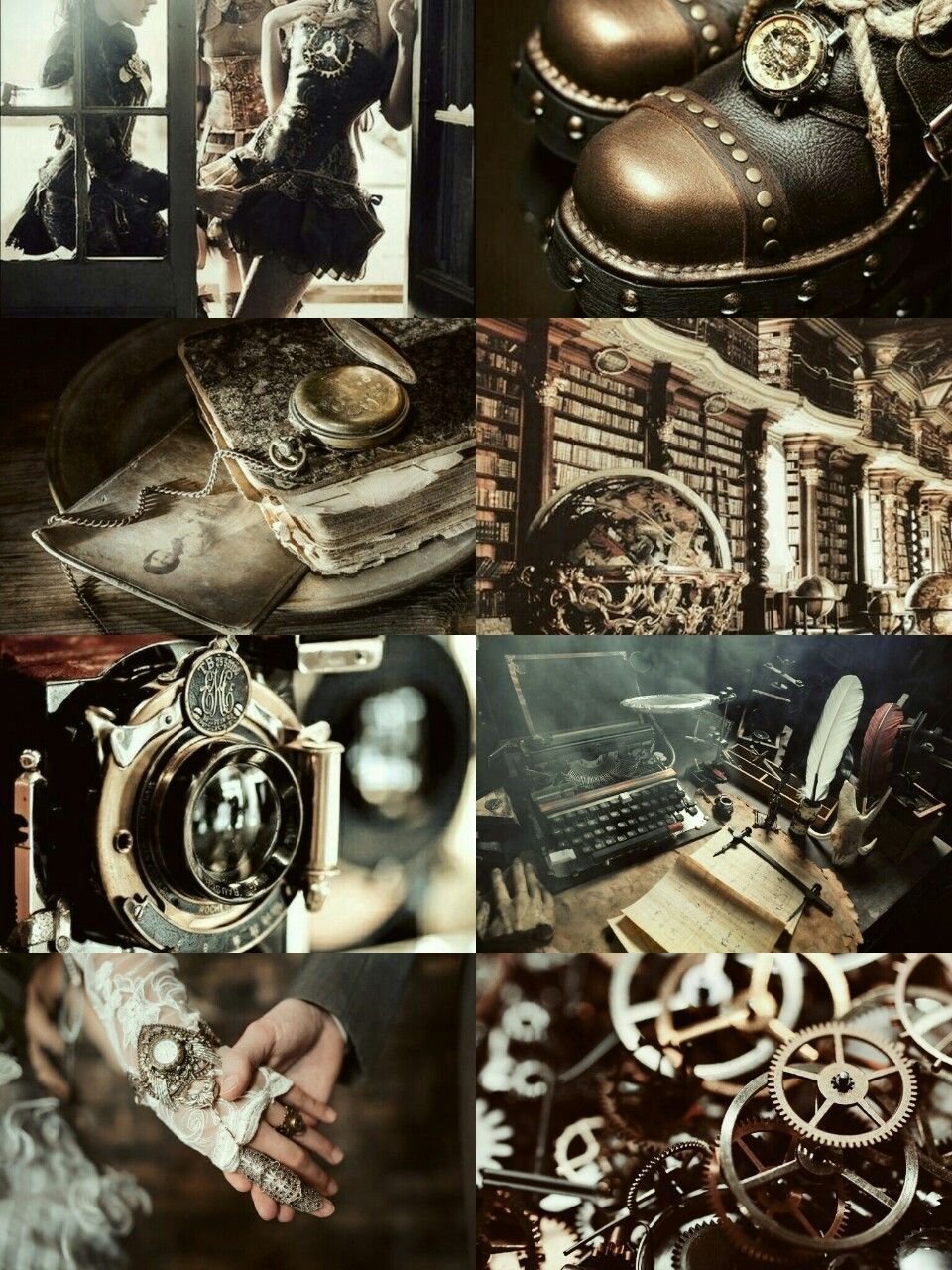 A collage of steampunk images including clocks, books, and a woman in a corset. - Steampunk