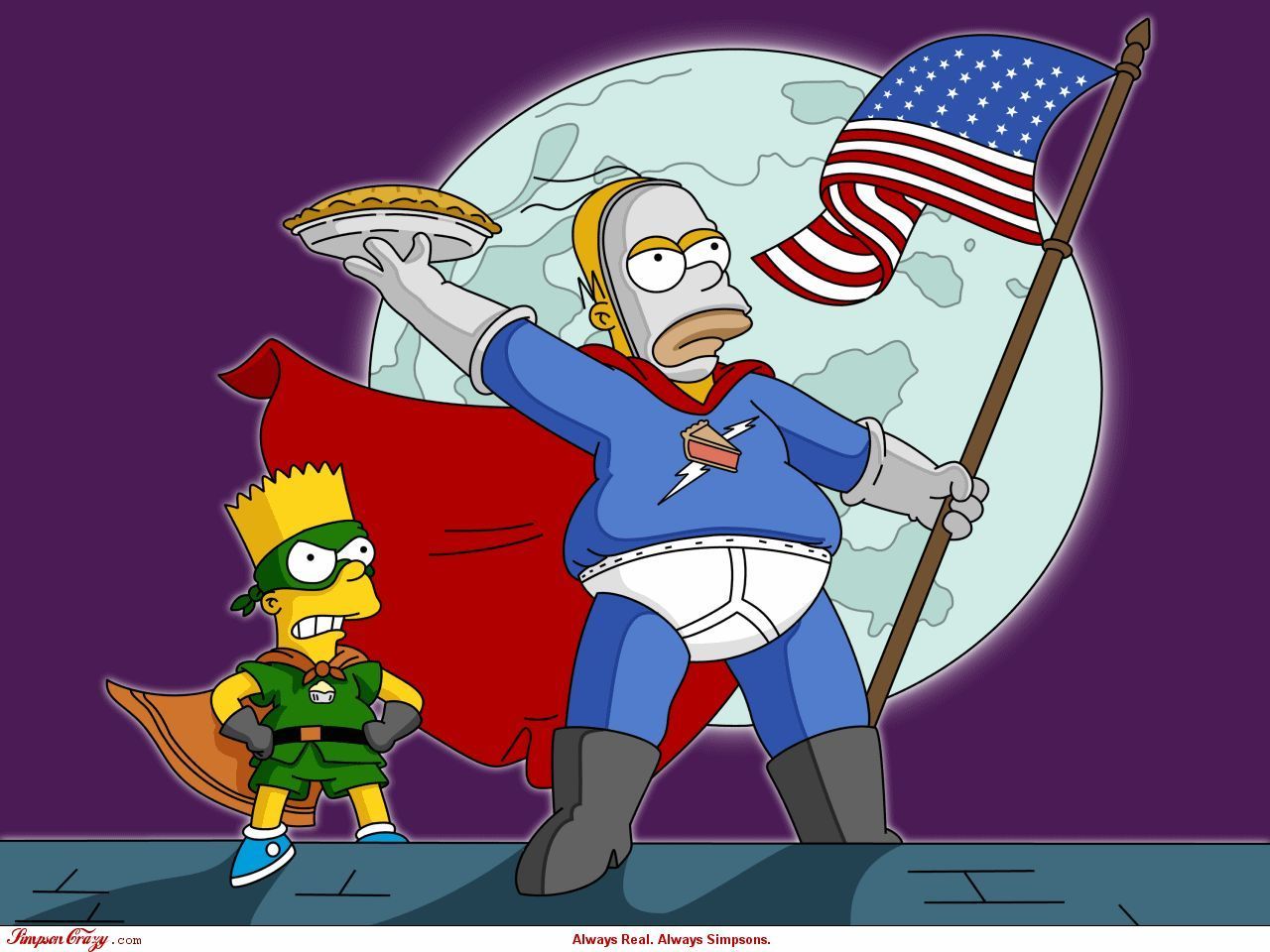 Homer and Bart Simpson in their superhero costumes, with the American flag and a pie. - Homer Simpson