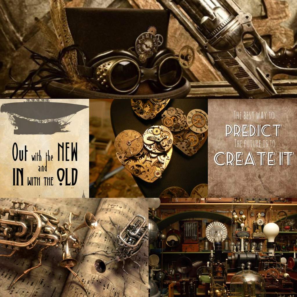 Steampunk collage with cogs, guns, and a music book - Steampunk