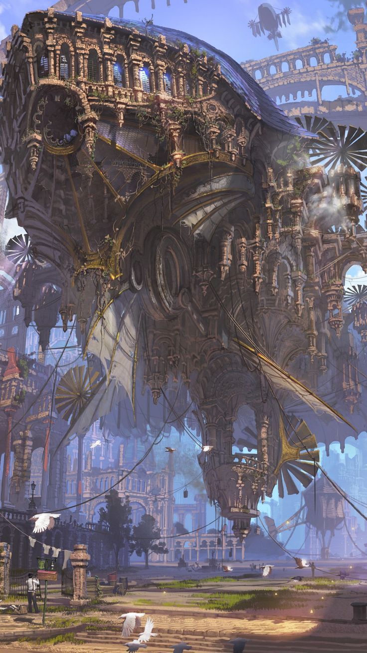 A massive airship hovers over a city of ornate buildings - Steampunk