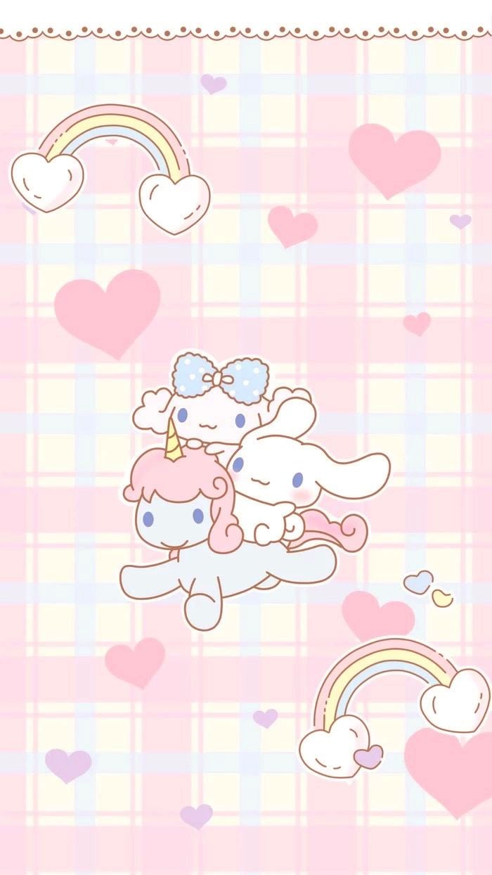 Aesthetic background with cute characters on a pink and white checkered background - Cinnamoroll
