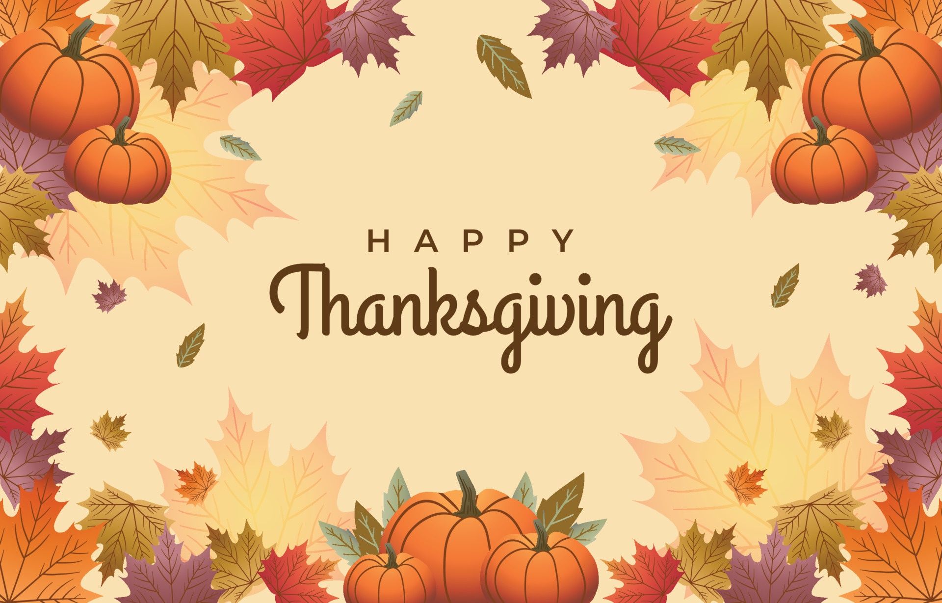 A happy thanksgiving wallpaper with pumpkins and maple leaves - Thanksgiving