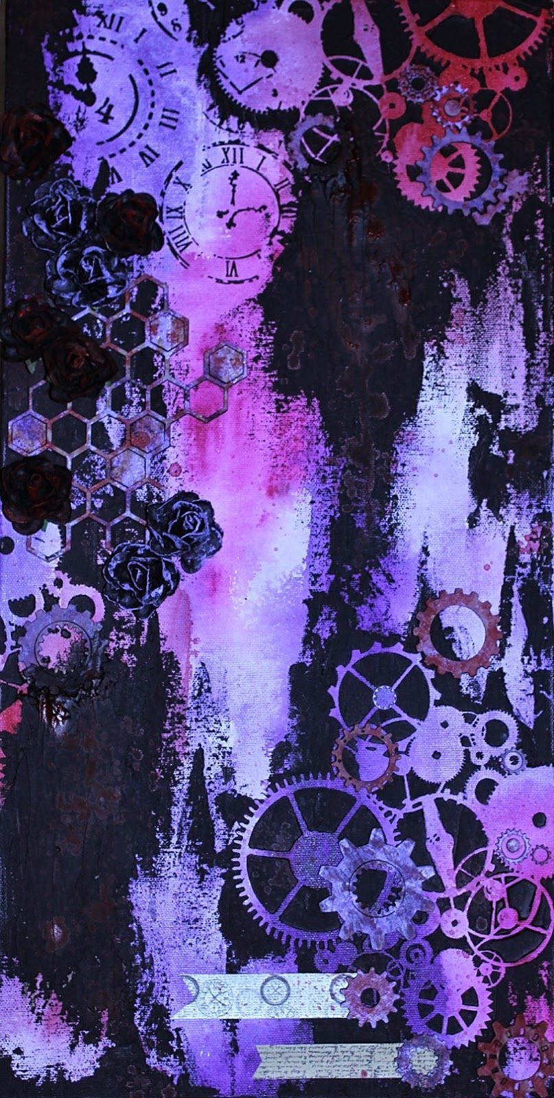 A close up of a purple and black abstract painting with gears and clocks. - Steampunk