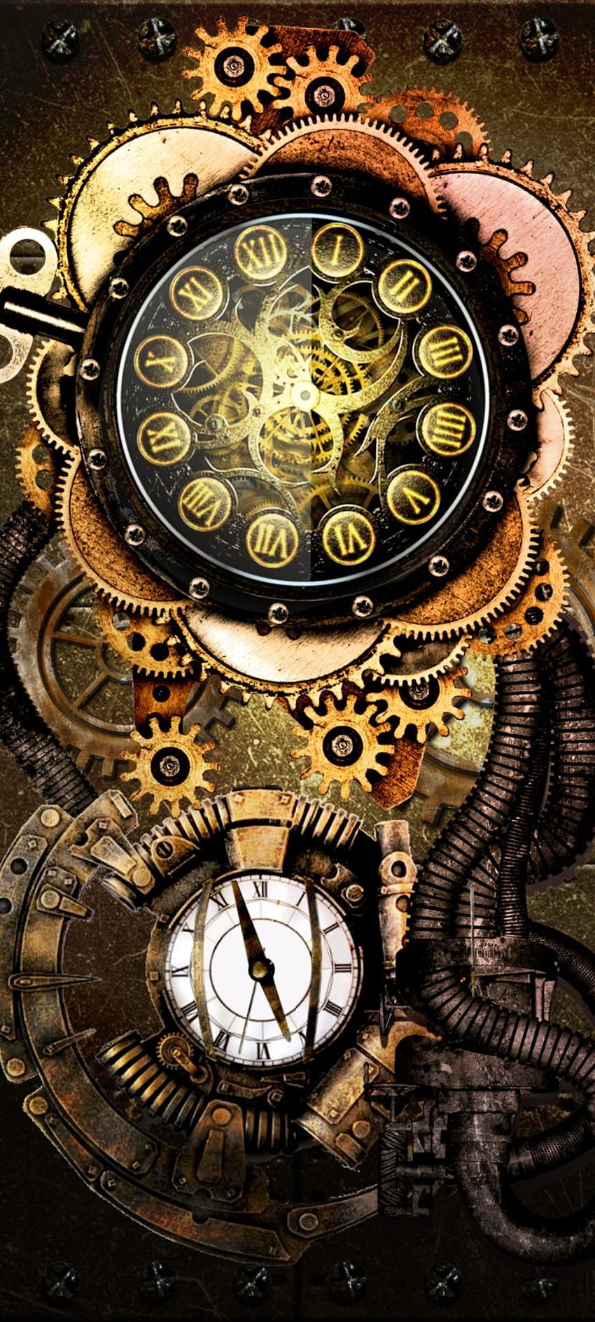 Steam Punk Clock, gold, ceiling, pastel, Analog HD phone wallpaper