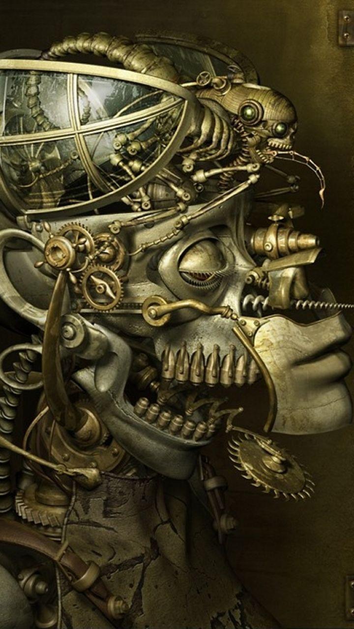 This is a photo of a golden skull with a metal cage on top of it. - Steampunk