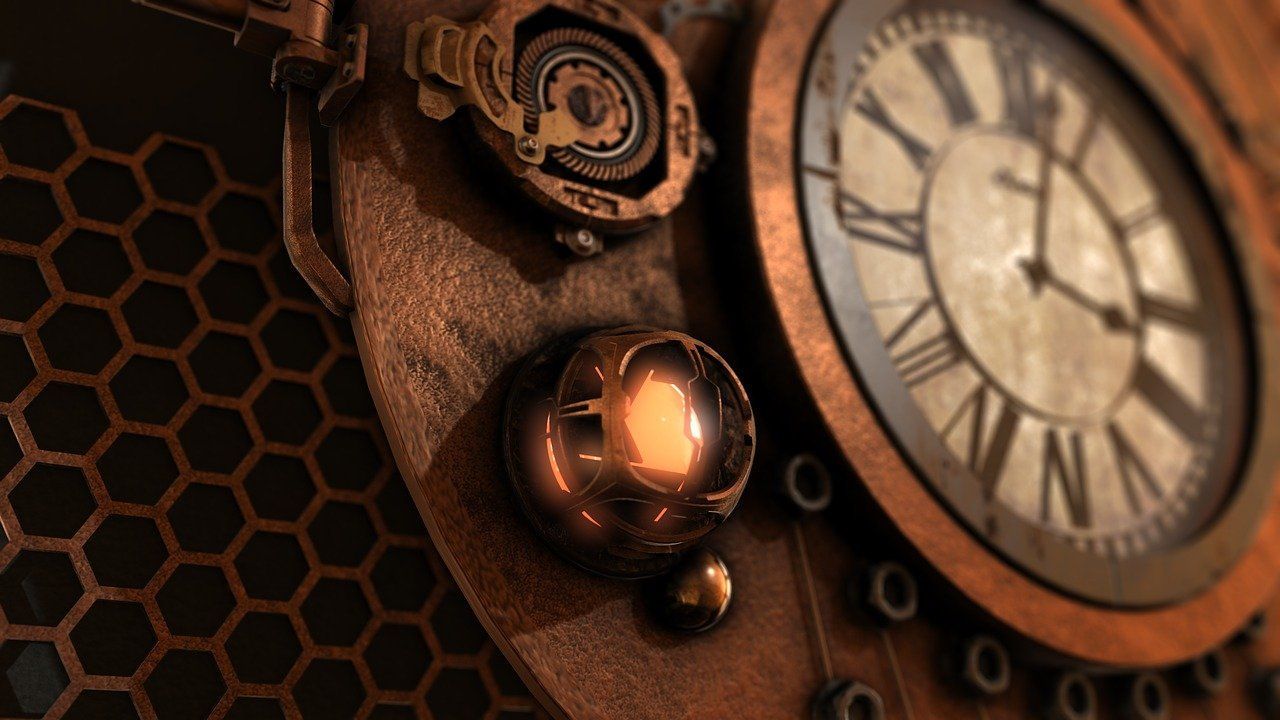 A close up of a clock with a glowing light in the middle - Steampunk