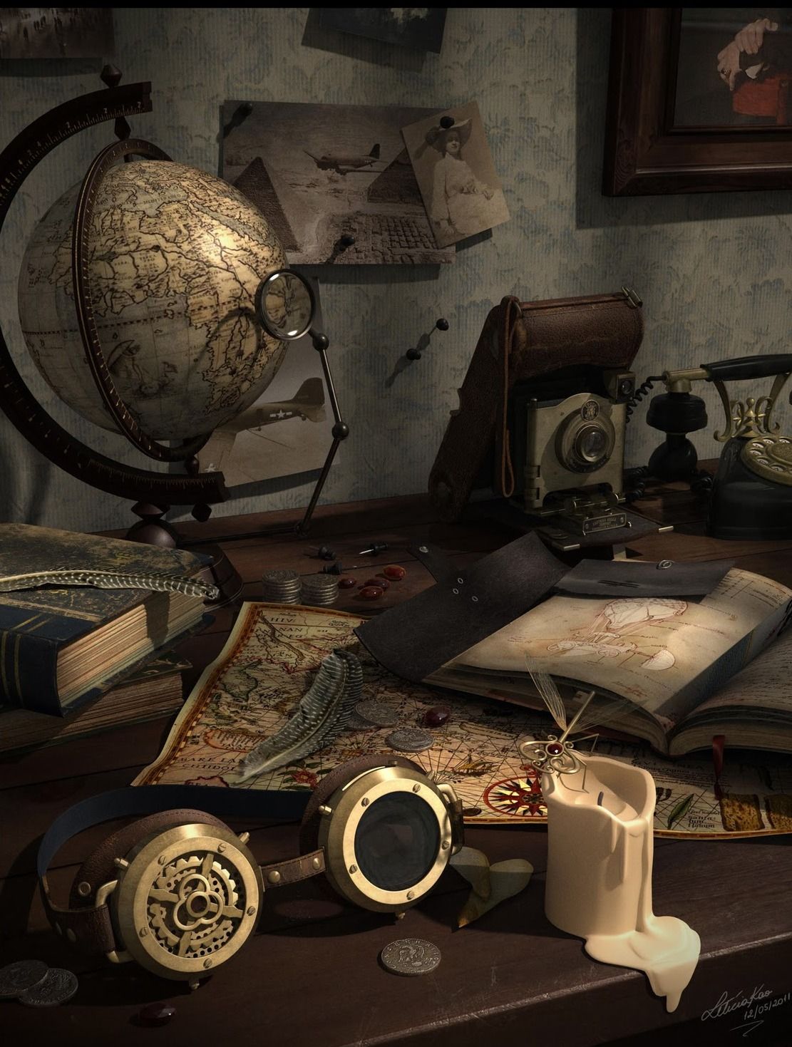 A desk with a globe, books, and other items on it. - Steampunk