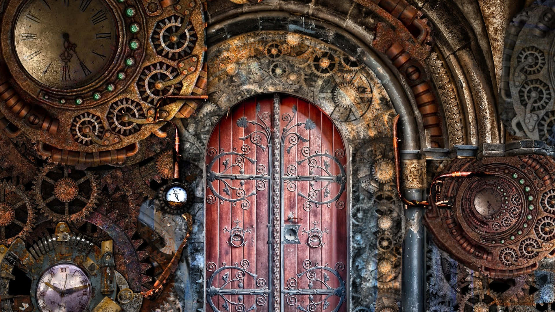 An old, ornate door with gears and cogs surrounding it. - Steampunk