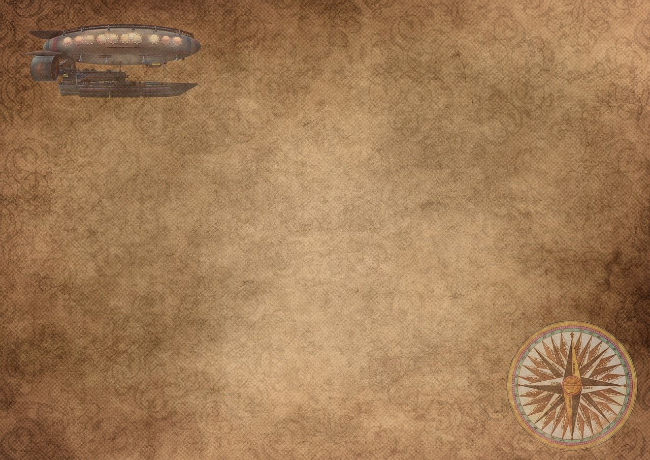 A grungy parchment background with a compass and airship. - Steampunk