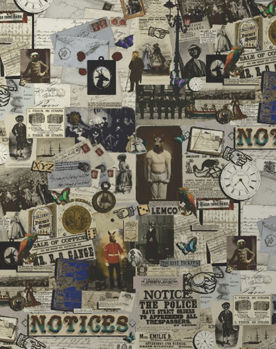 A collage of old papers, clocks, and advertisements. - Steampunk