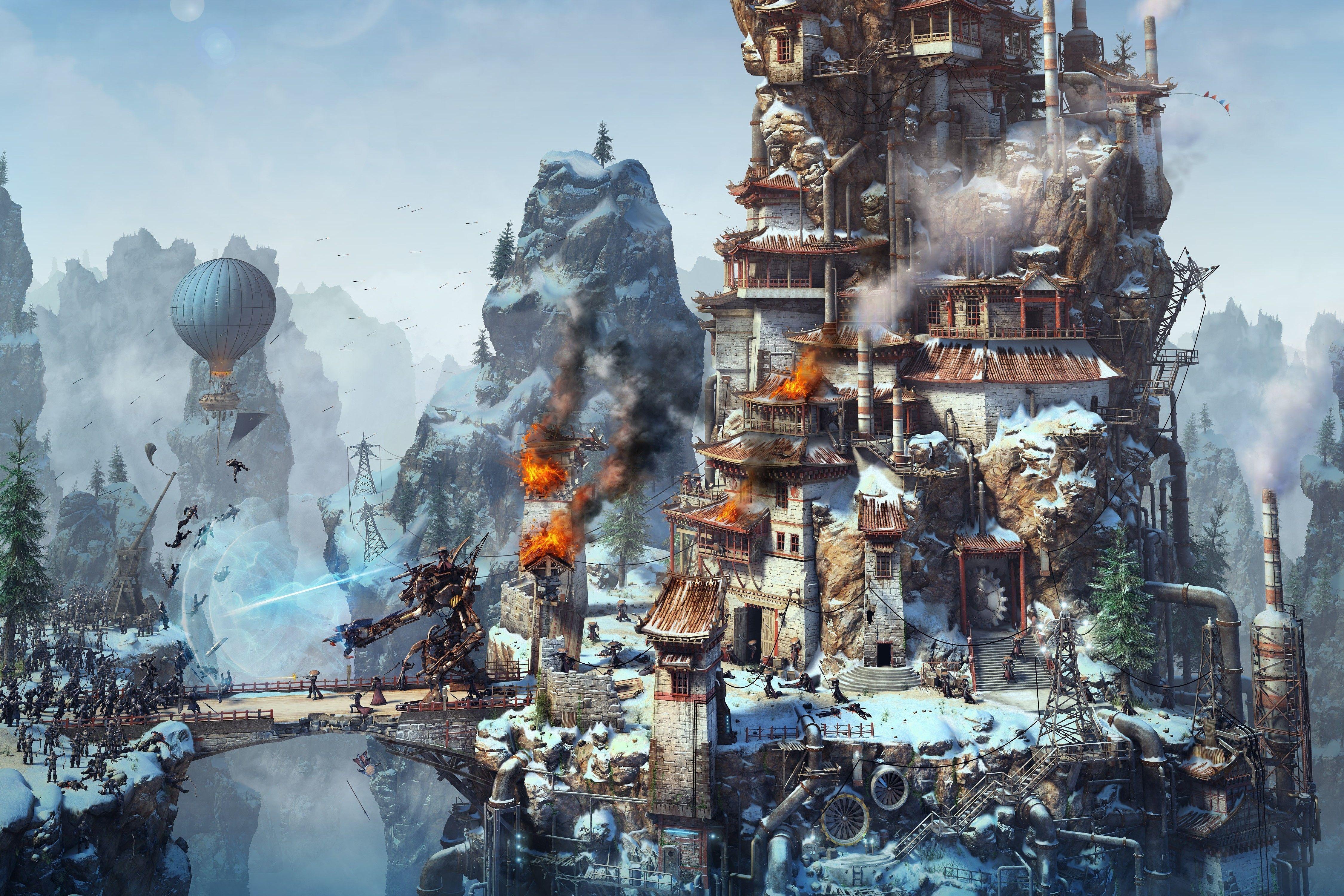 2560x1440 wallpaper The Cursed Mountains, the machines, the bridge, the smoke, the fire, the buildings, the snow - Steampunk