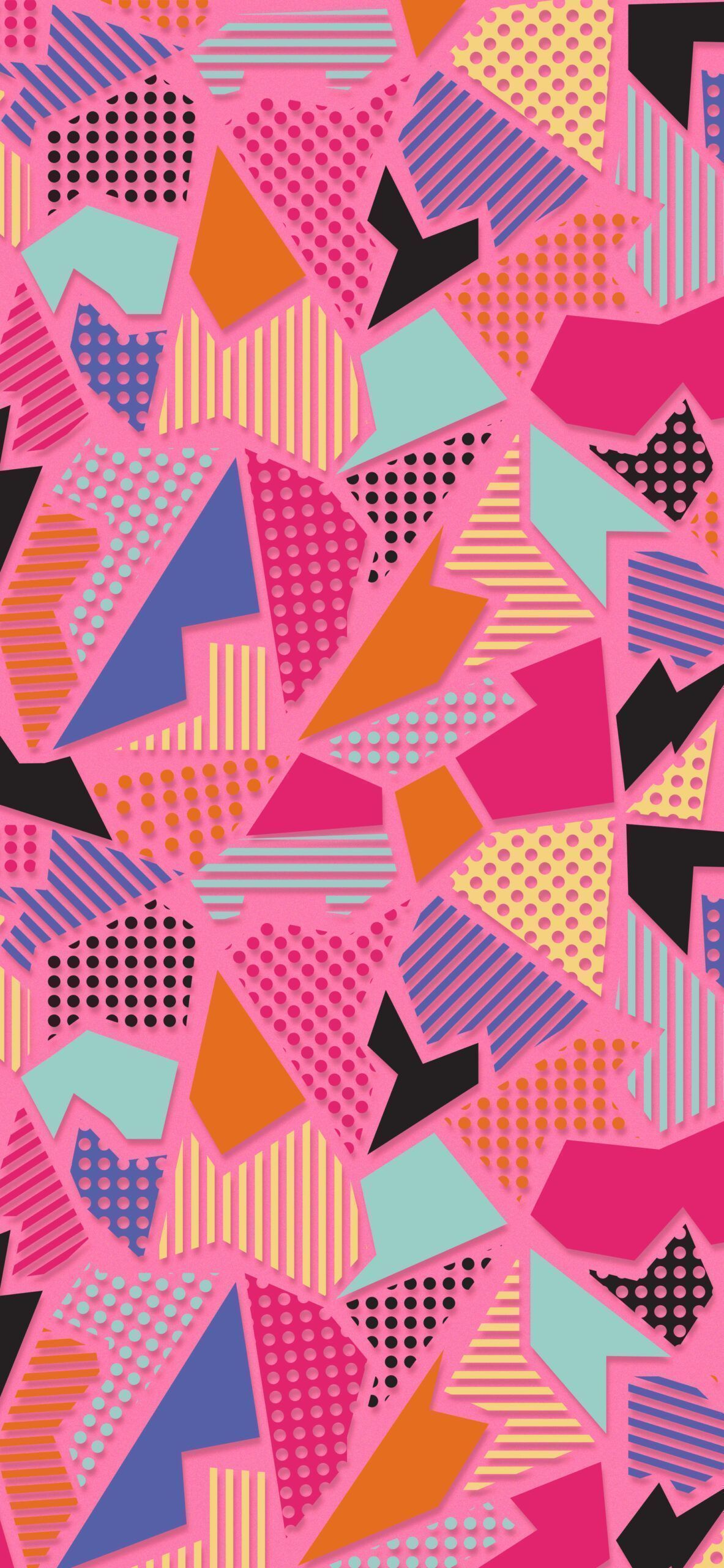 A pink wallpaper with colorful geometric shapes. - Geometry