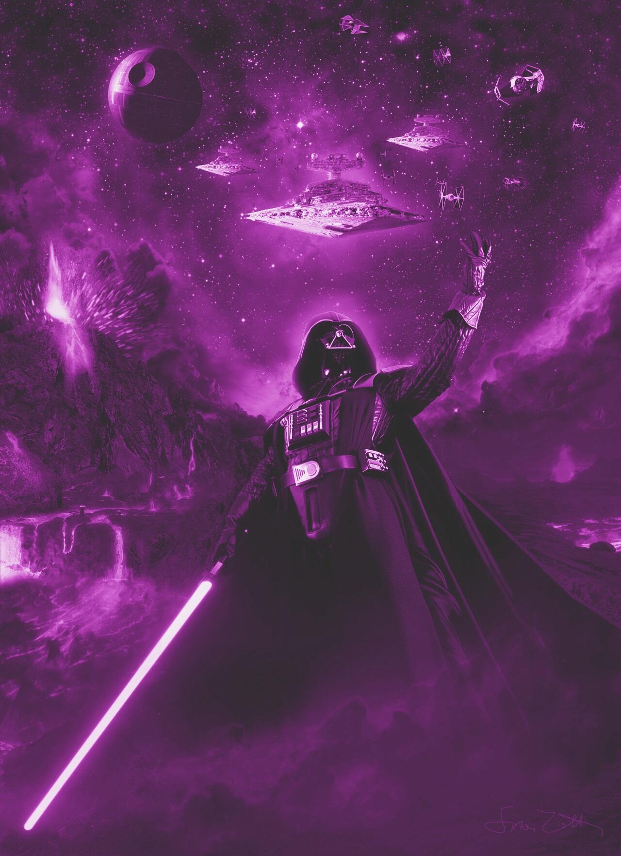 Darth Vader in purple light with spaceships and planets in the background - Darth Vader