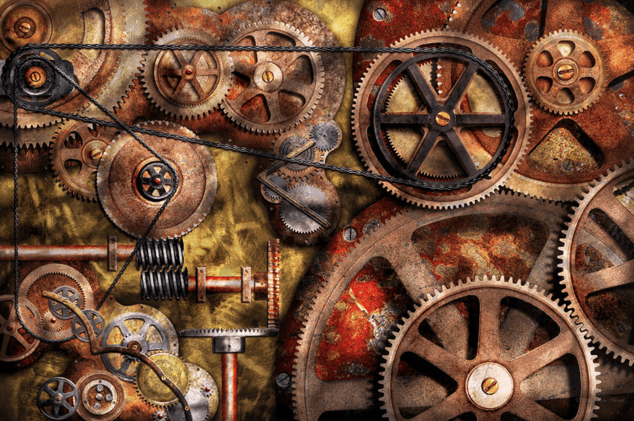 A photo of a variety of metal gears and cogs in various sizes, attached to a rusty metal surface. - Steampunk