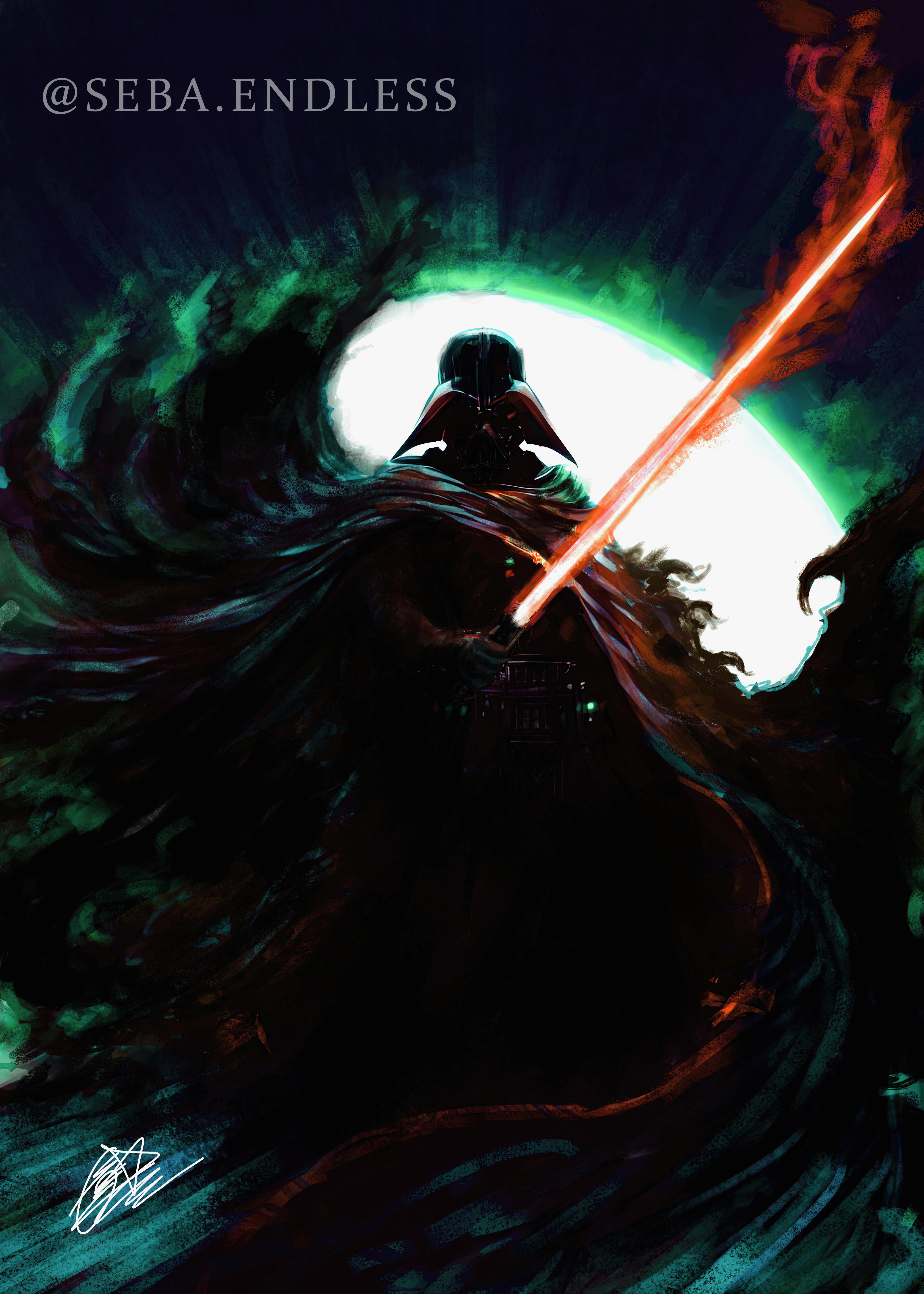 A dark figure stands in the center of a swirling vortex, holding a double-bladed lightsaber. - Darth Vader