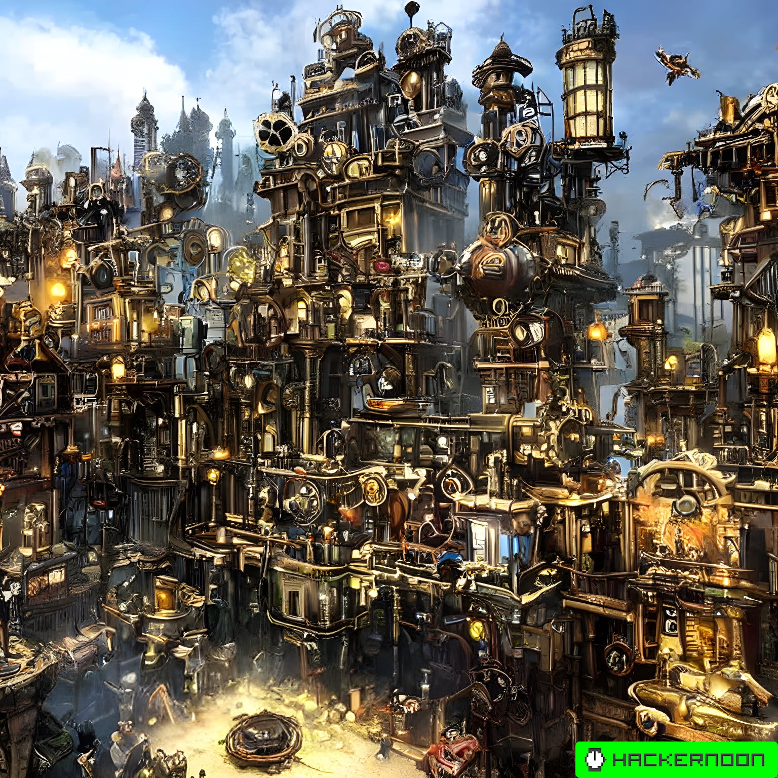 A city made of metal and gears, with a sky background - Steampunk