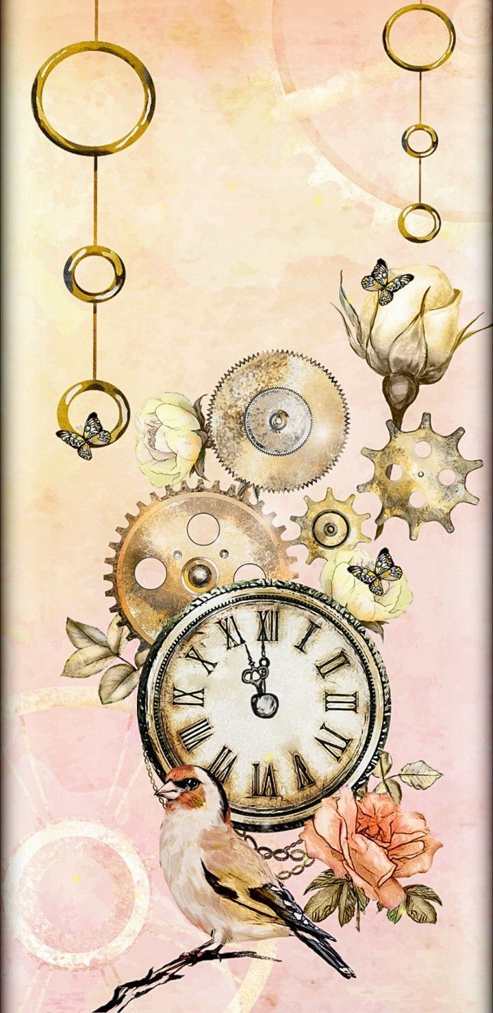 Steampunk clock with gears, flowers, and a bird. - Steampunk