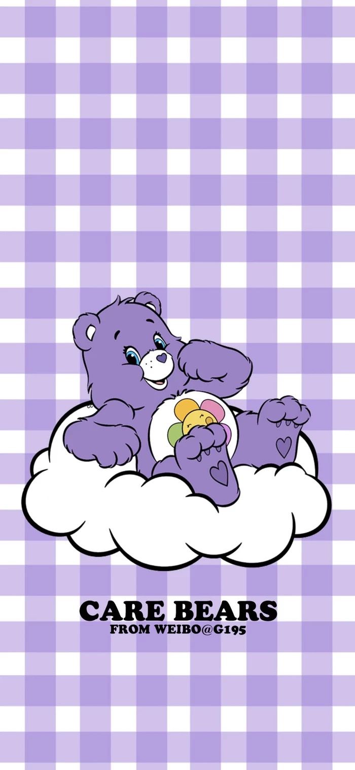 Purple care bears wallpaper, with white clouds, on a purple and white checkered background - Care Bears