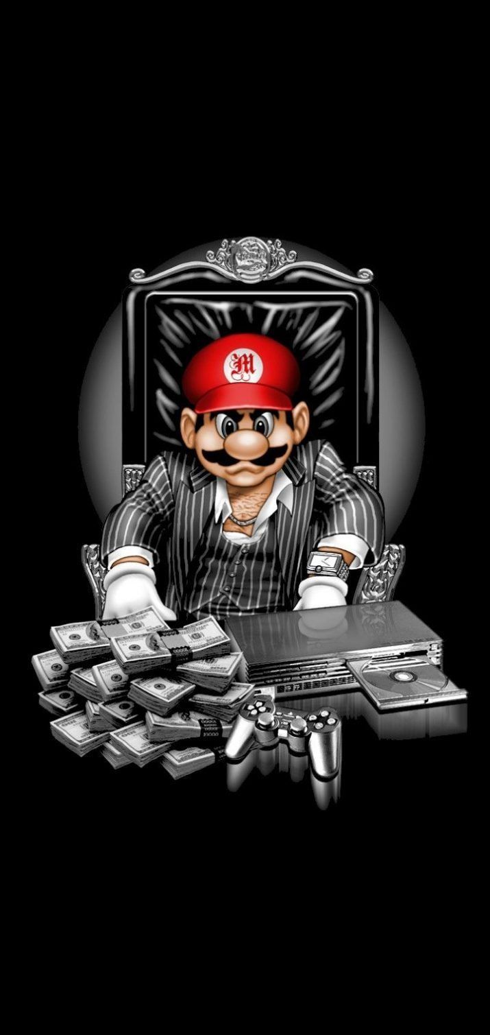 Mario with a pile of cash and a gun - Super Mario