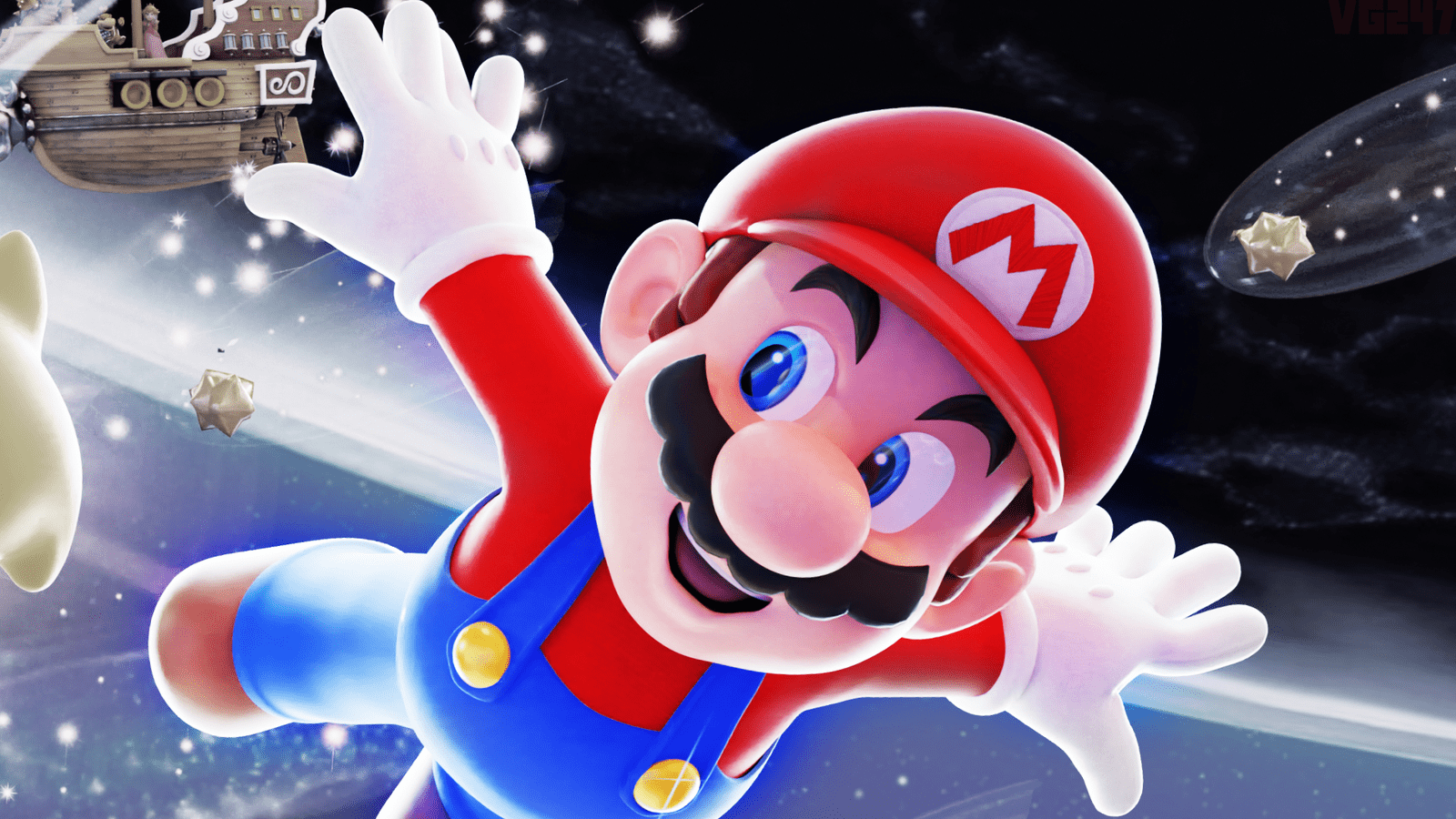 Mario in space, with a ship and stars in the background - Super Mario