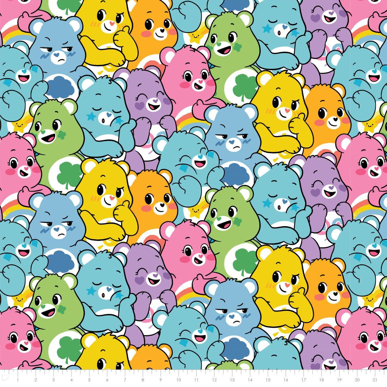 Care Bears fabric minky print with the bears in a pile. - Care Bears