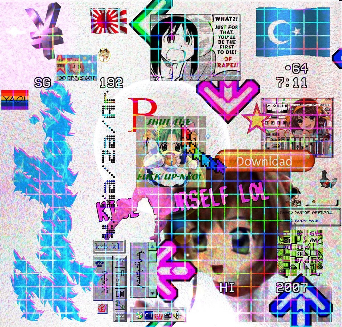 A collage of various internet culture elements, including Japanese text, anime, and a meme of a dog. - Webcore