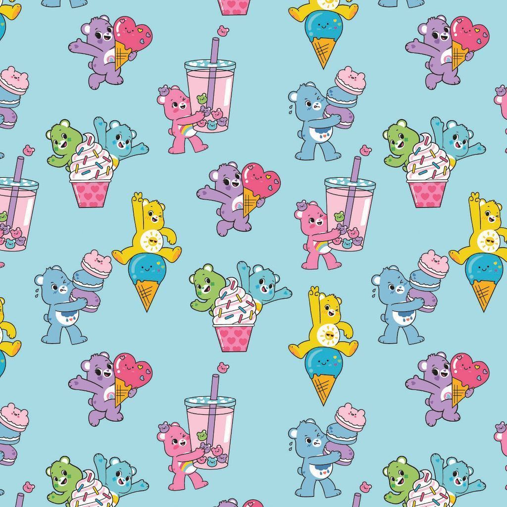 Seamless pattern with cute cartoon bears and ice cream on a blue background. - Care Bears