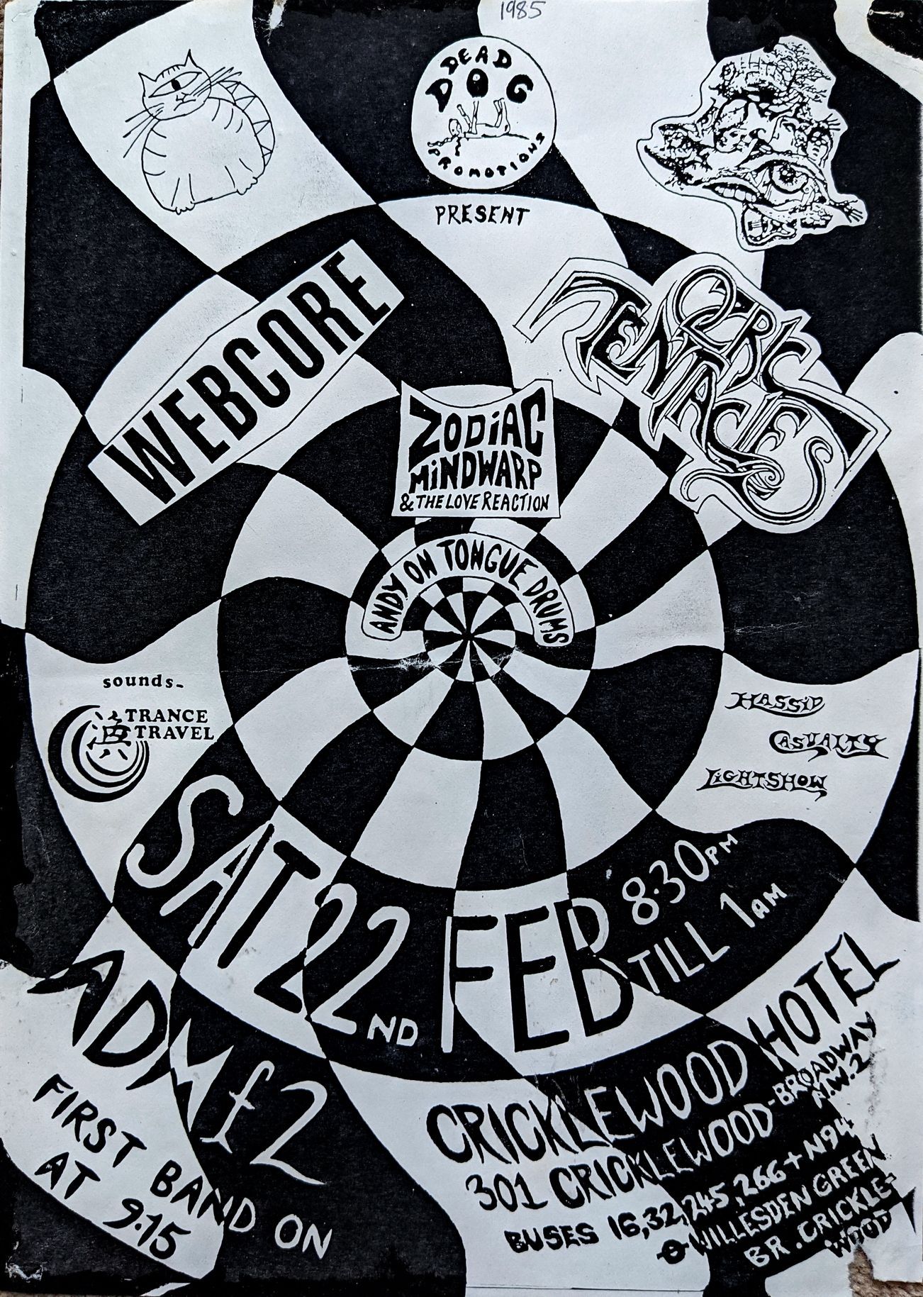 A black and white poster for a music gig at the Cricketwood Hotel. - Webcore