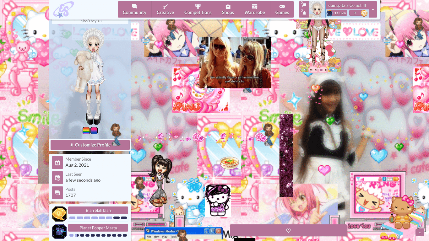 A screen shot of a website with a pink background and images of anime characters. - Webcore