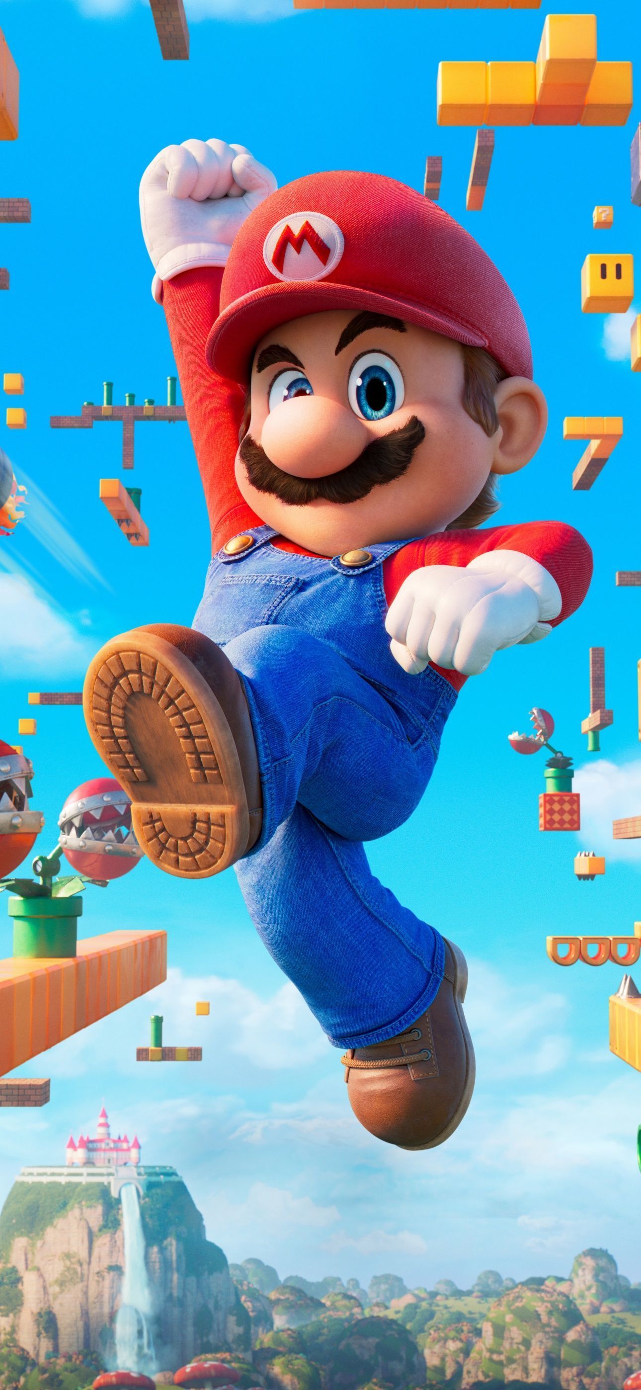 Mario in the air with blocks and a waterfall in the background - Super Mario