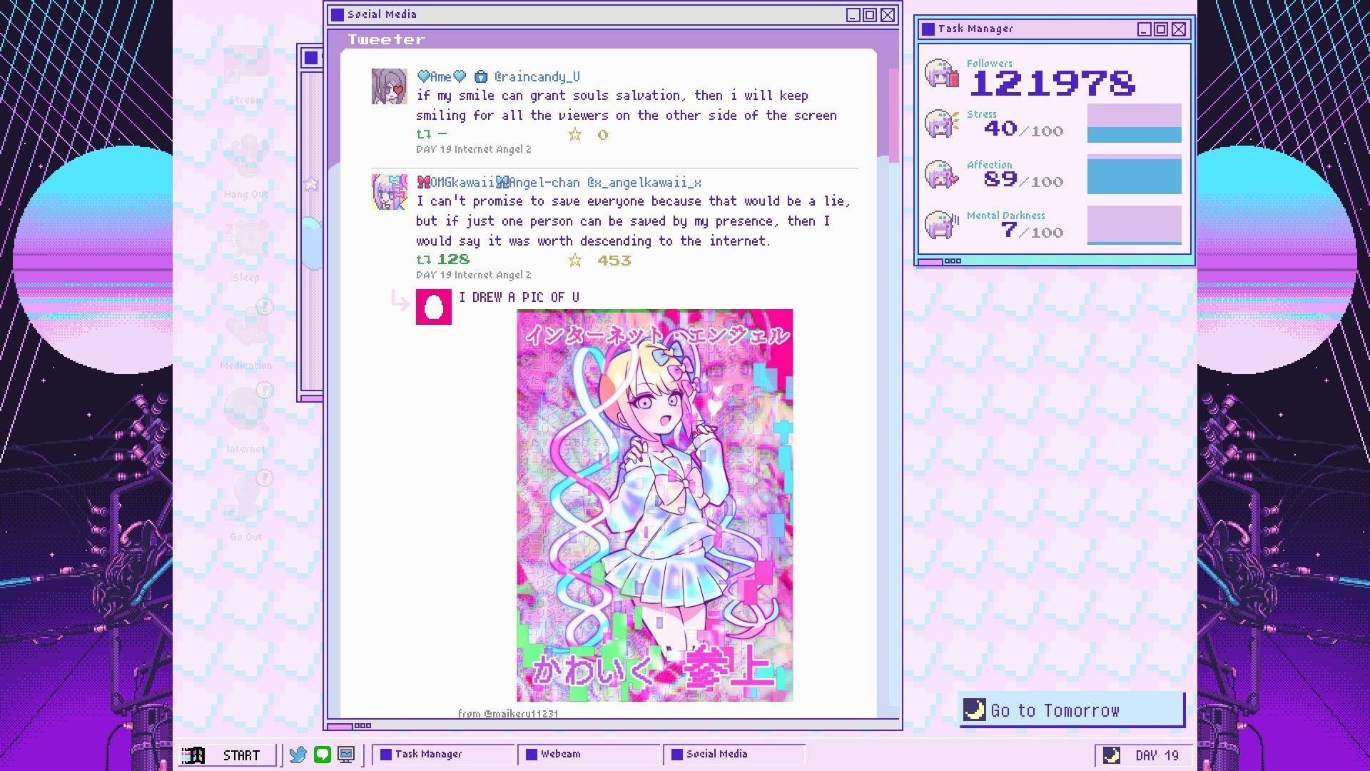 Screenshot of a character in a room with a lot of pink and purple - Webcore