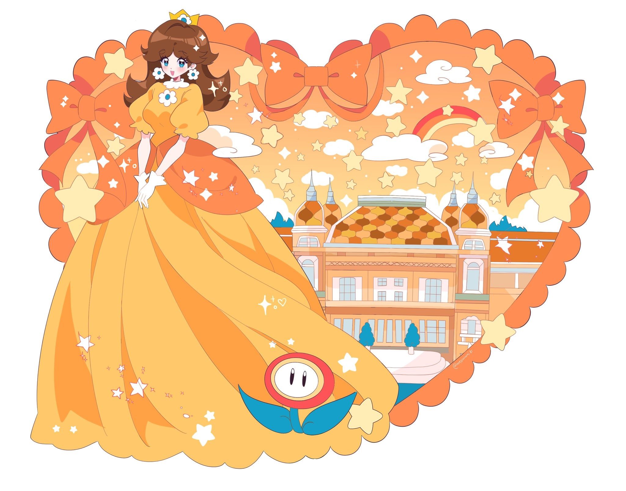 A princess in a ballgown stands in front of a heart-shaped castle. - Super Mario
