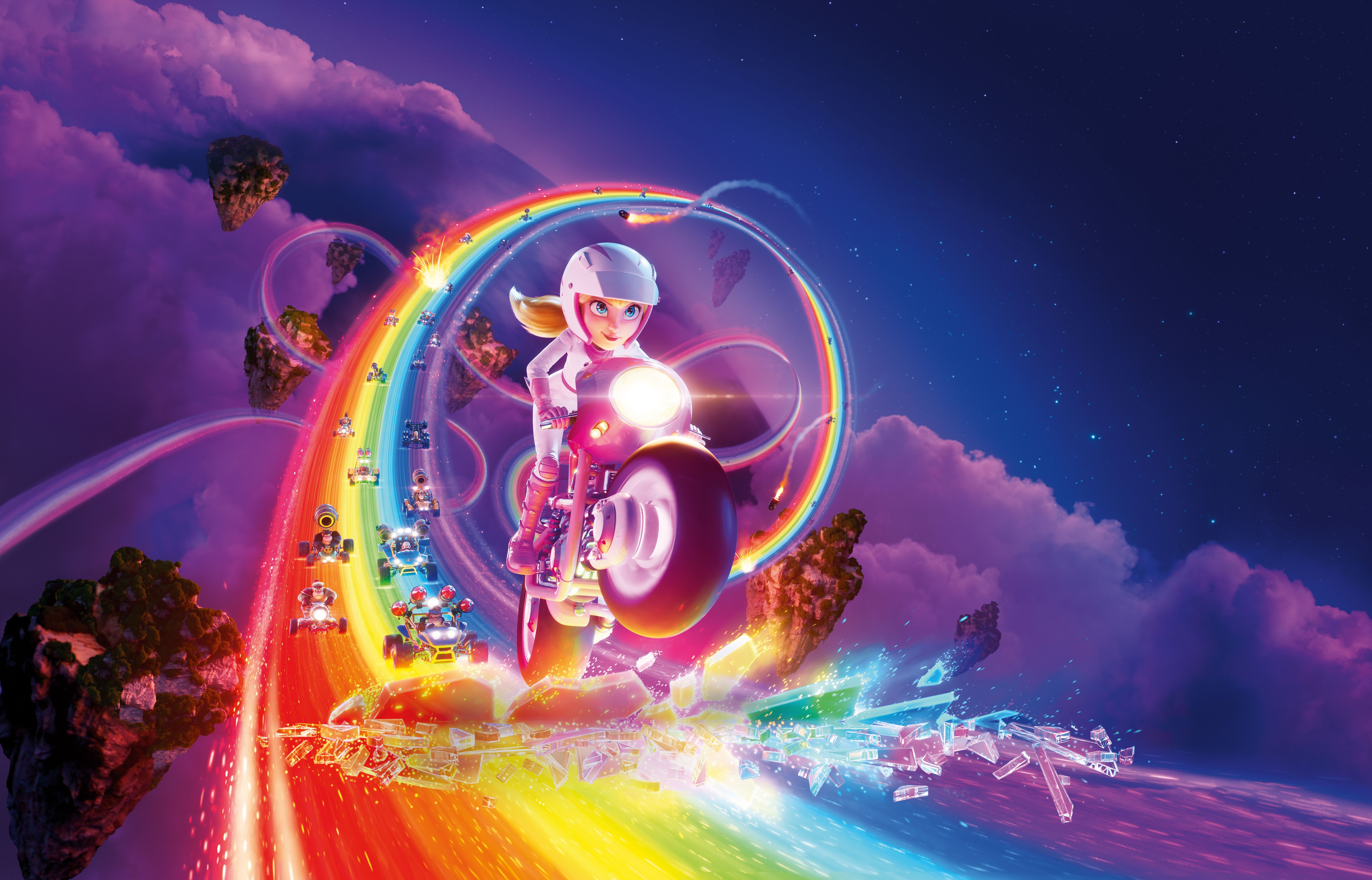 A girl rides a motorcycle through a rainbow in the sky. - Super Mario
