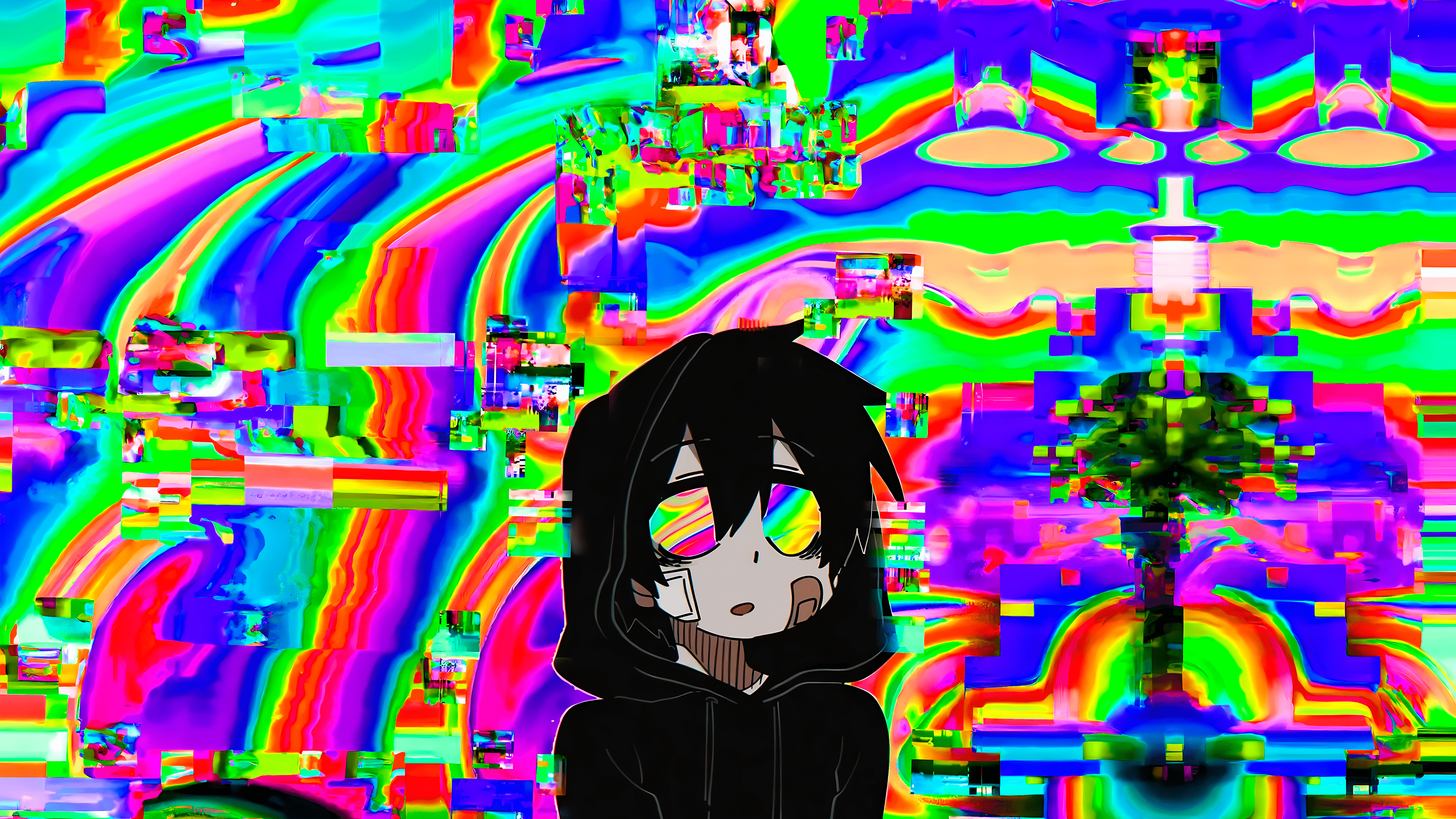 A digital artwork of a character with black hair and a black hoodie, rainbow eyes, and rainbow rainbows. - Webcore