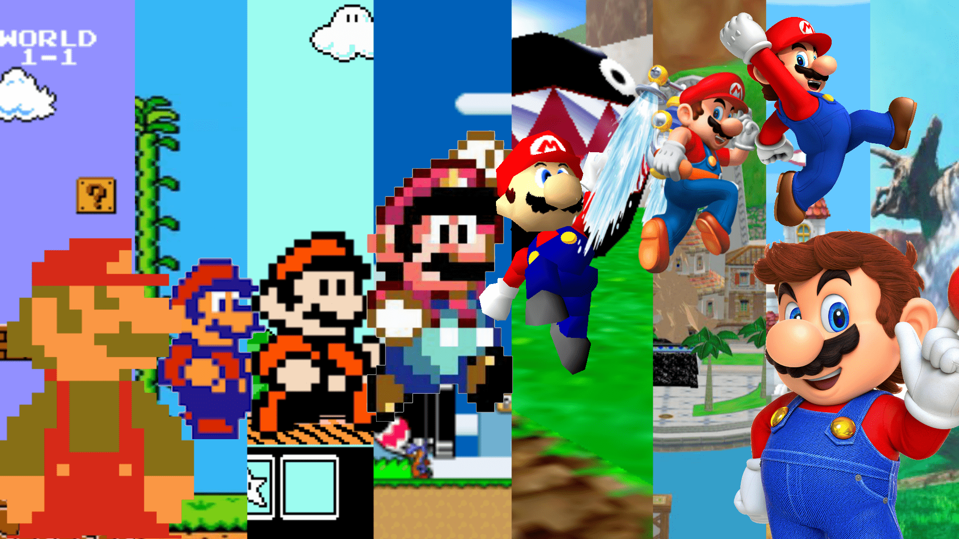 A collage of Mario in different video games. - Super Mario