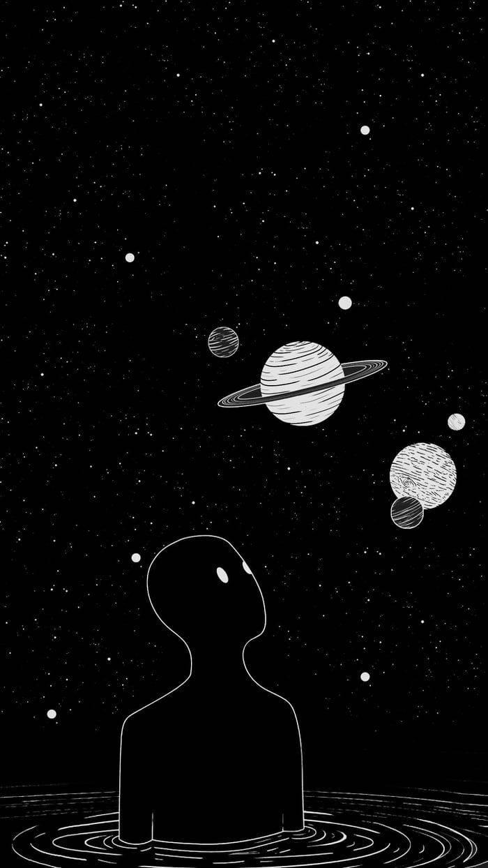 Black and white space wallpaper with a person and planets - Alien