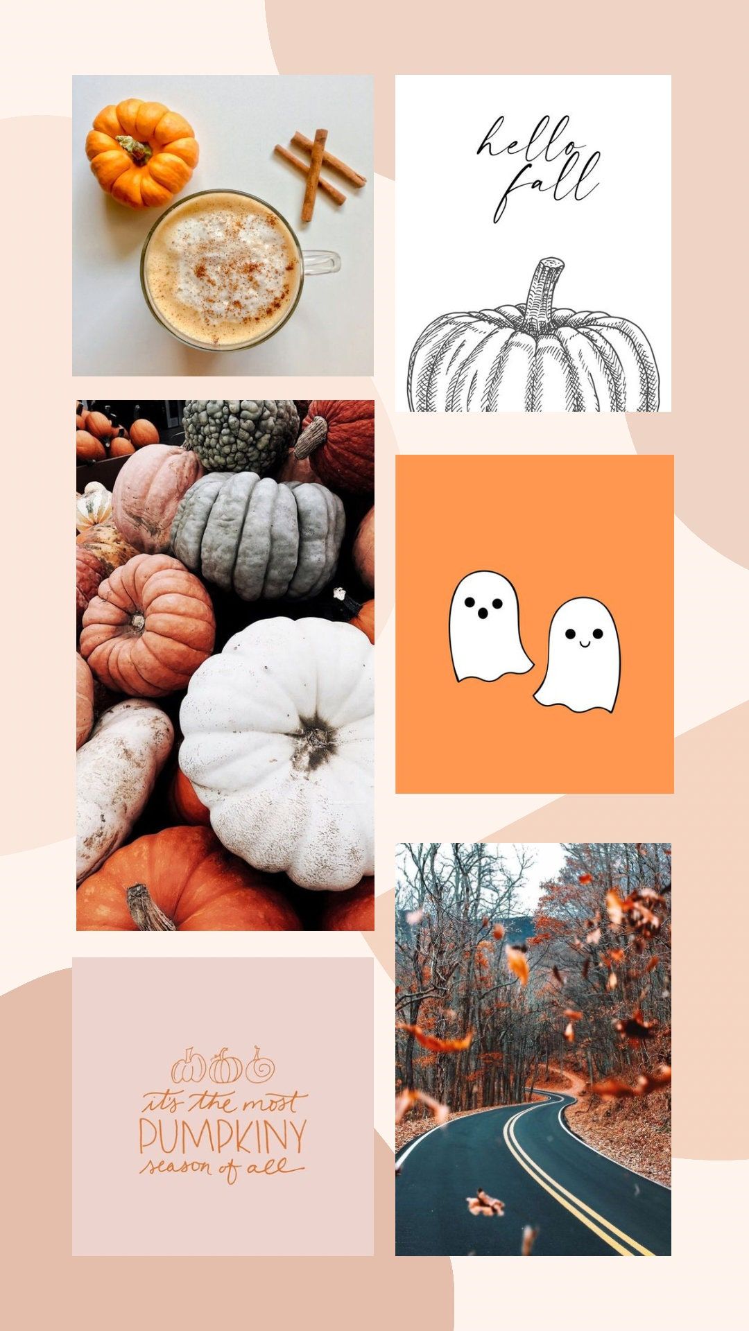 Collage of pumpkin spice latte, pumpkin, ghosts, trees, and a road with fall foliage - Pumpkin, Thanksgiving, vintage fall, fall iPhone