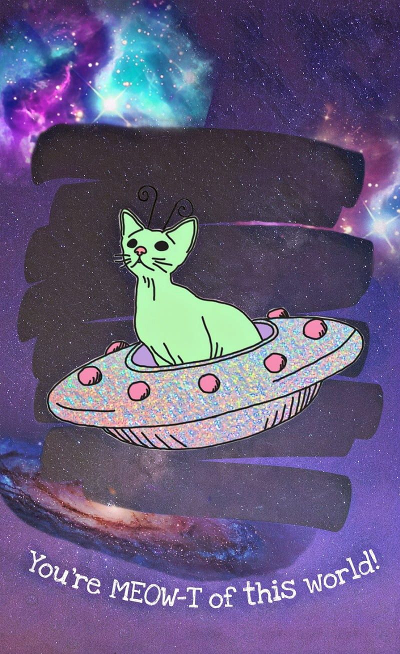 A green alien cat with a antenna in a flying saucer in space - Alien