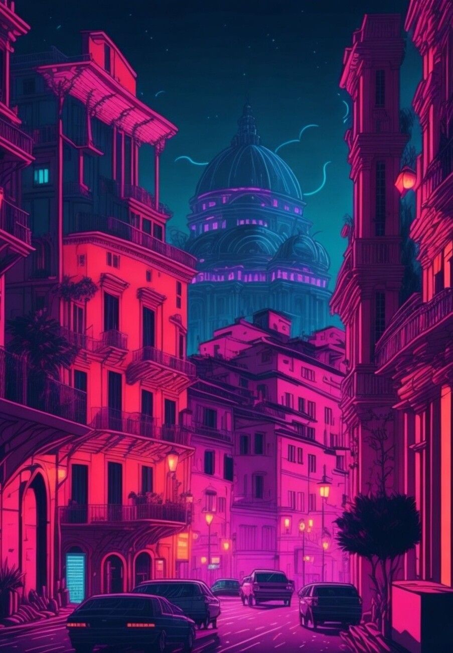 Wall Art Print. Neon Night City in Italy