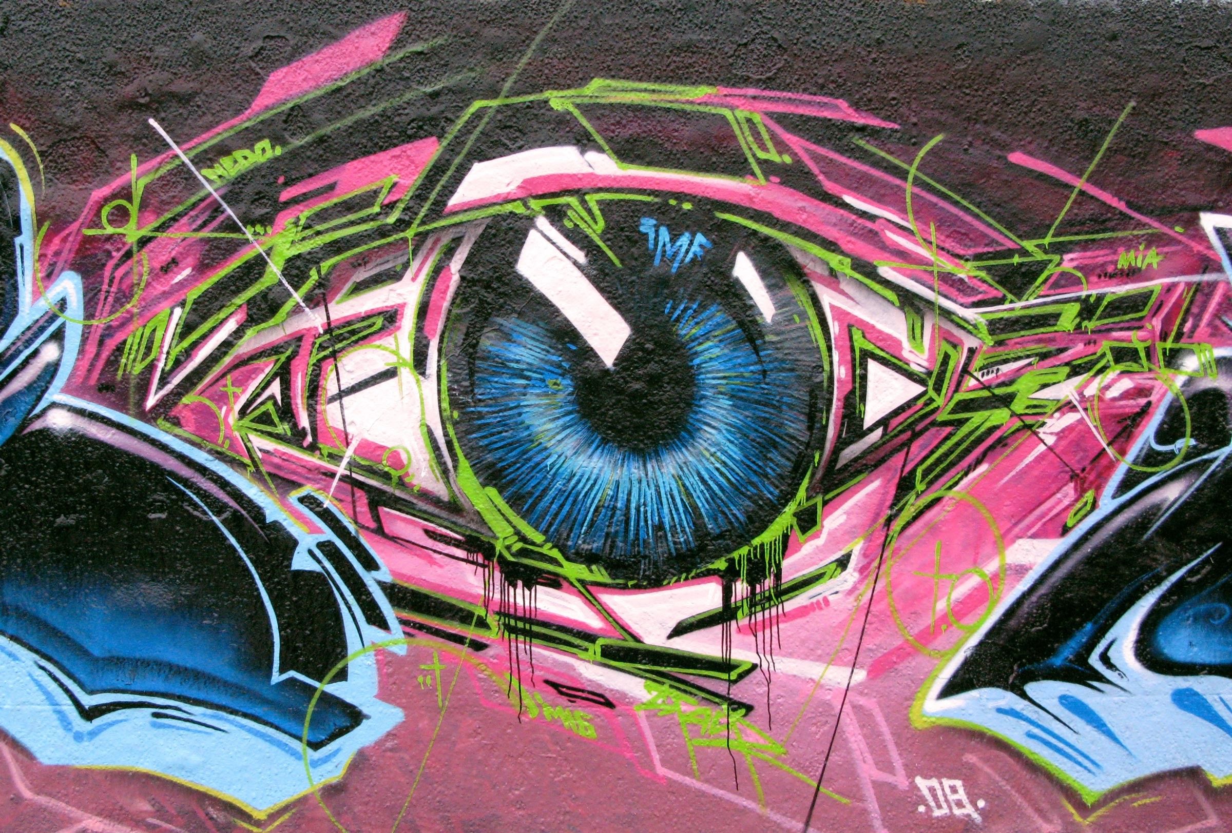 A blue eye is painted on a wall. - Graffiti