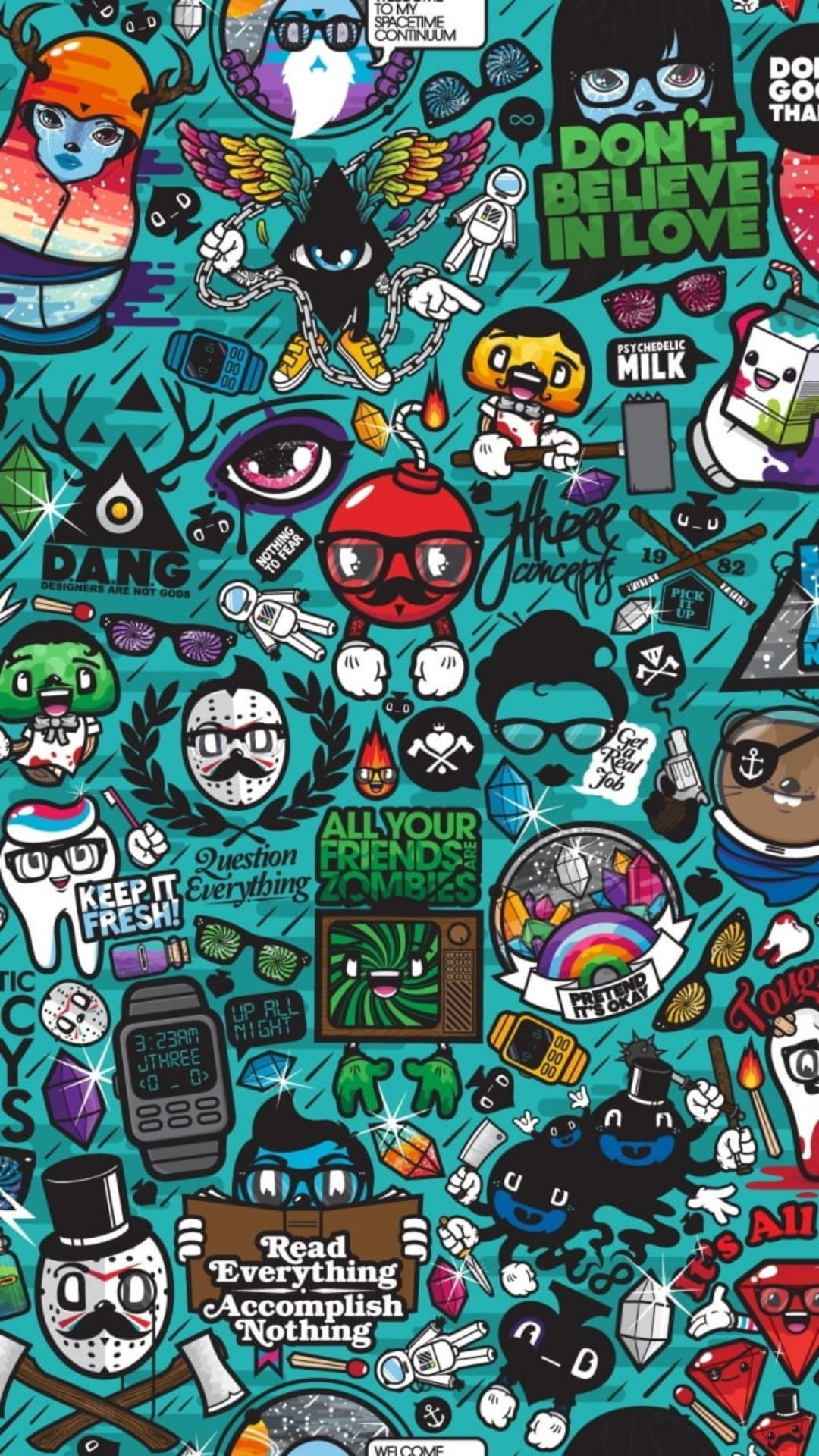 IPhone wallpaper with many stickers of different shapes and colors. - Graffiti