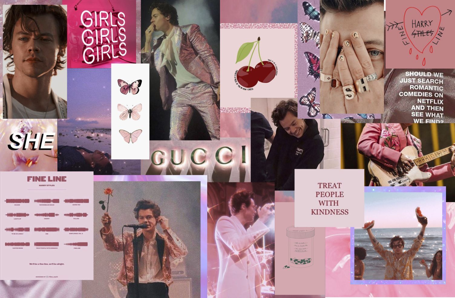 Harry Styles collage, mood board, aesthetic, pink, Gucci, butterflies, cherries, treat people with kindness, Fine Line, Netflix, she, girls - Harry Styles