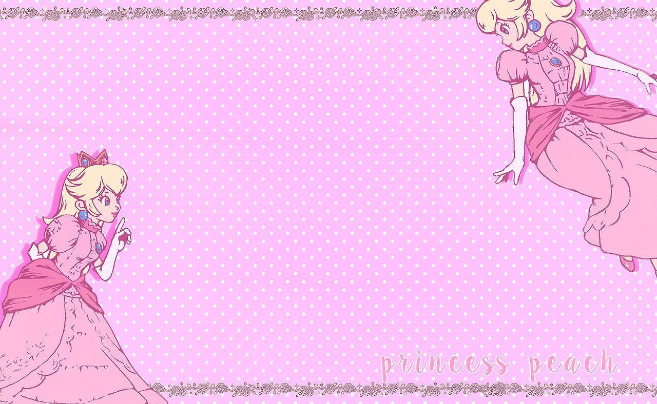 A pink background with white polka dots and a border of silver sparkles. Princess Peach is in two different poses, one where she is running and one where she is in a jump. - Princess Peach